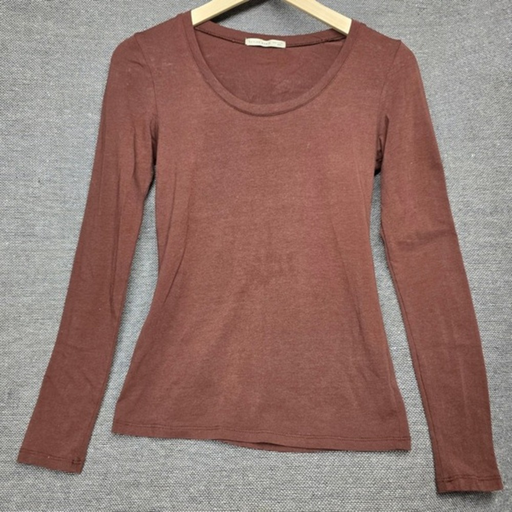 Active Basic Womens Brown‎ Long Sleeve Scoop Neck Cotton Blend Top T9666 Small